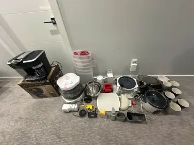 Various kitchen items for sale as a bundle. Bundle includes: - new Keurig coffee maker - Nuwave oven...