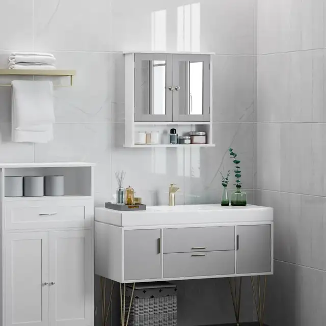 Wall-Mounted Bathroom Mirror Cabinet with Double Doors, Open She in Bookcases & Shelving Units in Markham / York Region - Image 5