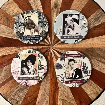 Vintage-Inspired Drink Coasters (4) - Humorous Quotes, View more