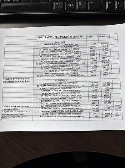 lot de pneus d'été et d'hiver 16 / 17 / 18 / 19 / 20 et 22 pouces ainsi que roues de voitures / pick...