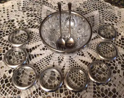 VINTAGE CRYSTAL SILVER RIMMED  BOWL,  SILVER RIMMED  COASTERS., View more