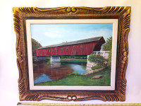 West Montrose Covered "Kissing" Bridge Oil on Canvas Painting