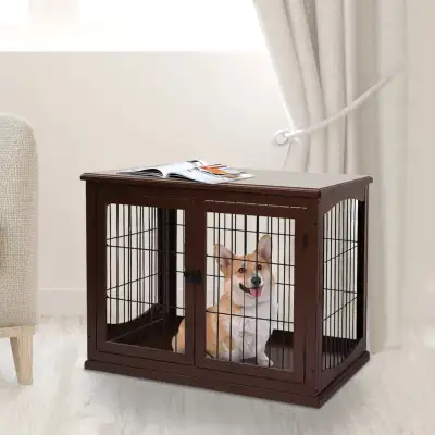 26" Wooden Dog Cage with Double Door Entrance, Brown, View more