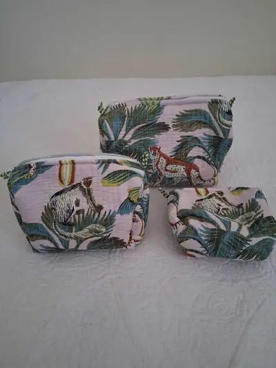 SET OF 3 FLORAL  & ANIMAL PRINT QUILTED COSMETIC BAGS, View more