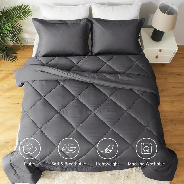 New 3 Piece Reversible Comforter Set • Q $70 • Dark Grey in Bedding in Barrie - Image 3