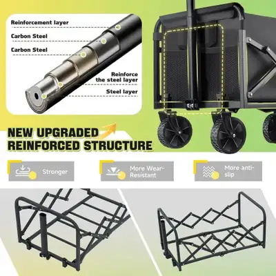 Lightweight folding garden wagon cart, just 11 lbs, folds to 16.6 x 6.5 x 18.4 inches. Supports up t...