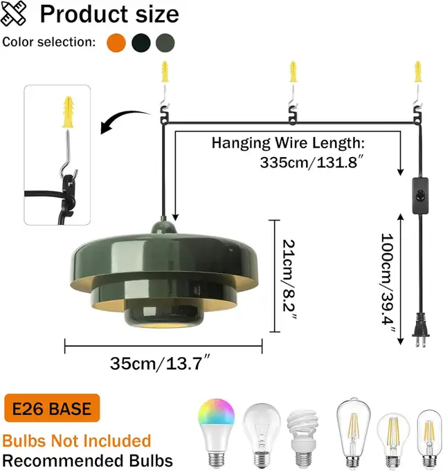 DoungRos Plug-in Green Pendant Light Fixtures, 16FT Hanging Lig in Indoor Lighting & Fans in Calgary - Image 3