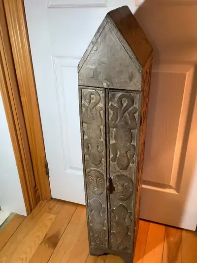 Large vintage hand carved Aztec style three shelf wood cabinet. An amazing piece for your home or co...