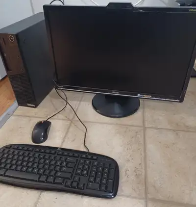 Pre-owned Lenovo ThinkCentre desktop computer. Includes keyboard and mouse and Asus monitor 24" webc...