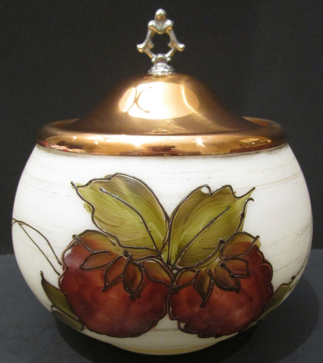 VINTAGE HAND PAINTED GLASS & COPPER "BISCUIT BARREL" in Arts & Collectibles in Hamilton - Image 2