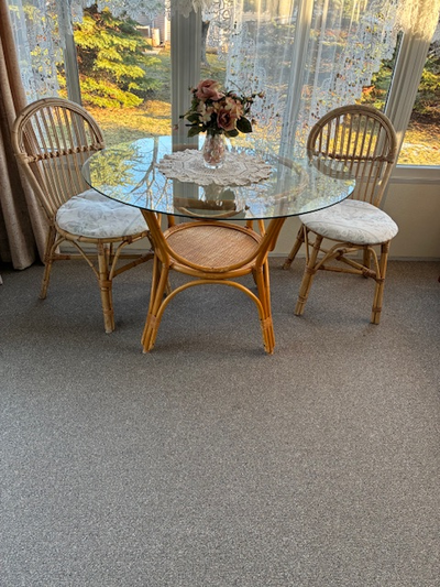 Wicker table with glass top and 2 chairs, View more