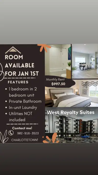 One Bedroom Available in a 2-Bedroom Apartment (Private Bathroom) A bright, unfurnished bedroom is a...