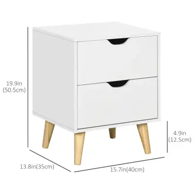 Modern Bedside Table, Nightstand with 2 Drawers and Pine Wood Legs for Bedroom, Living Room, White F...