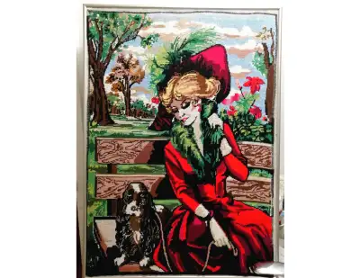VINTAGE HAND MADE TAPESTRY "RED COAT LADY W/ HER DOG" 20" by 27", View more