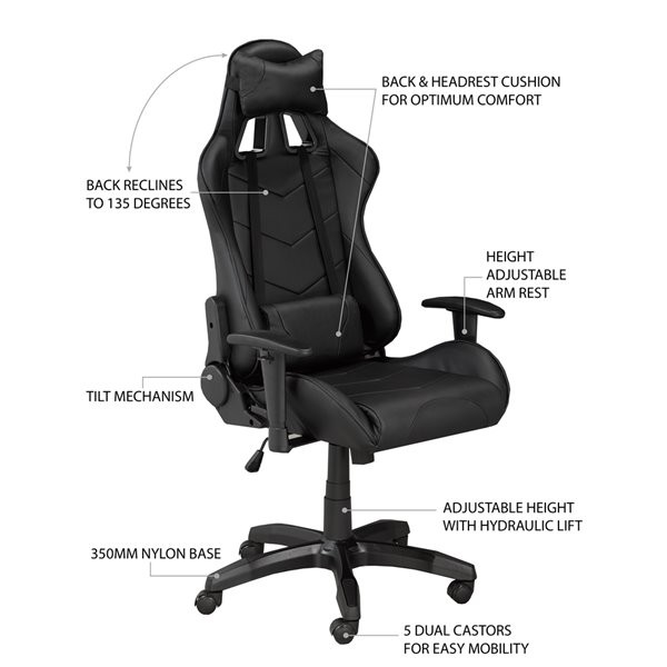 Brassex Sorrento Gaming Chair 5100-BLK dans Chaises, Fauteuils inclinables  à Laval/Rive Nord - Image 3