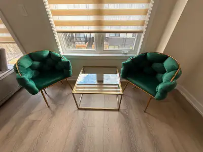 Add a touch of modern elegance to your home with this stylish green accent chair, featuring a unique...