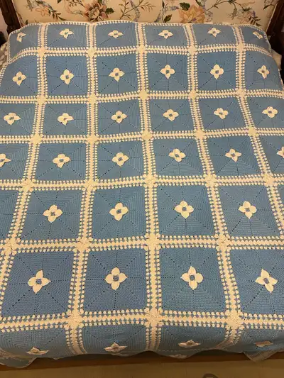 Blue White Crochet Squares Blanket Bedspread, View more