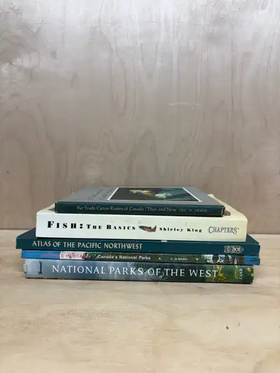 Five books for $25. National Parks, Pacific Northwest, fur trade canoe routes and fish.