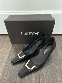 Calderone Pointed Square-Toe Leather Heels (black, size 36)