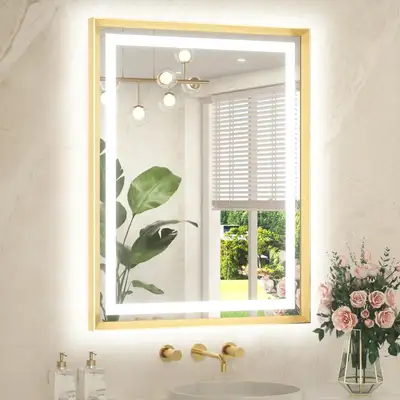 NEUF:Miroir salle de bain LED 71x91 métal doré brossé anti-buée, View more