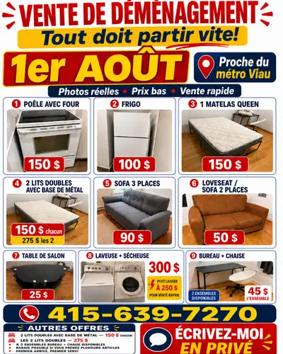 Vente de déménagement 1er août — lits, sofas et électroménagers , View more