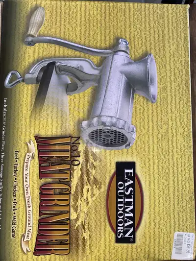 New in box, #10 hand meat grinder. Cast metal. Never used, no longer needed. Asking $45