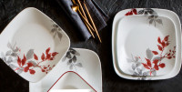 Corelle Kyoto Leaves Red Square Dinnerware-SERVES 10!