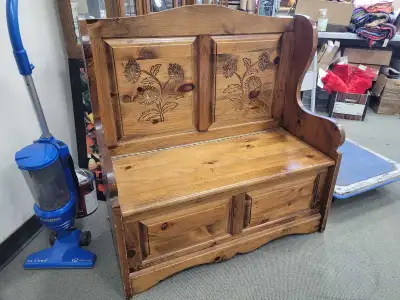 Carved wood bench with storage inside. For hallway or cabin, View more