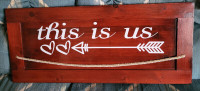 Cherry Colored Wooden Sign "This is Us" with 2 Hearts & Arrow