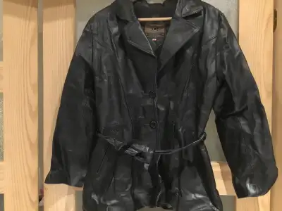 Women’s black leather jacket., View more