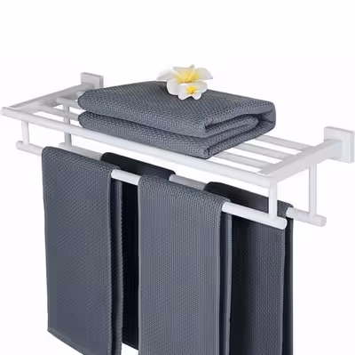 NEW White Towel Shelf Hanger Rack with Double Towel Bars - Wall Mount Includes Hardware and Instruct...