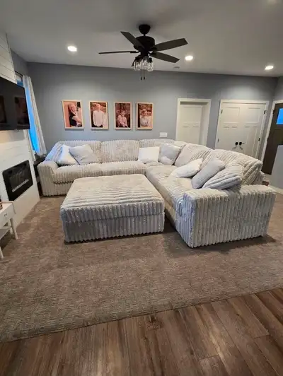 White Premium Corduroy Sectional Sofa with Ottoman Now on Sale , View more