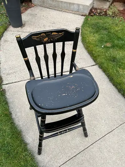 Amazing mid-century vintage high chair with adjustable tray. Original black (or VERY dark brown) pai...