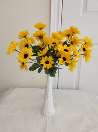 16” tall yellow color silk sunflowers with porcelain vase $6