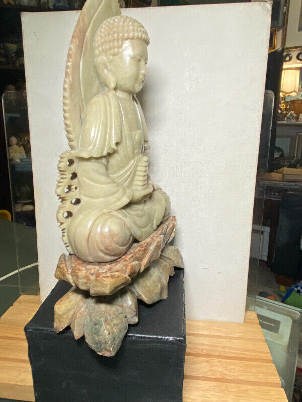 Chinese Antique Carved Stone Sits with Buddha Tower 9.5 ”. in Arts & Collectibles in Vancouver - Image 4