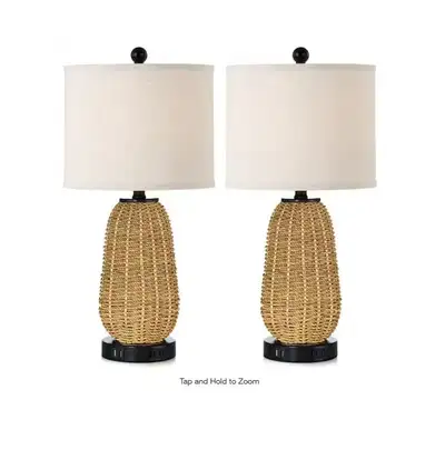  22.8-in Rattan Table Lamp Set of 2 | Wood Color • USB Ports, View more