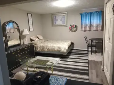 This is an open-concept basement suite, suitable for a single person. It offers the following: Queen...