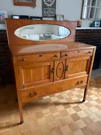 $200.00 VINTAGE WOOD SIDEBOARD W/ DOVETAILED DRAWERS AND MIRROR