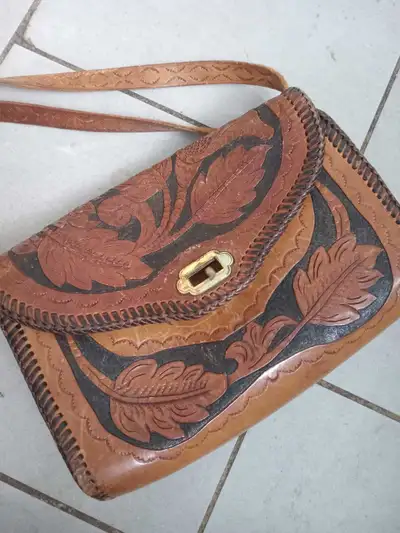 Handmade Carved Leather Handbag, Ivy or Grapevine Motif, View more