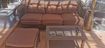 Patio sofa with footrest or extra seat and one table, View more