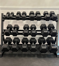 New 5-50lbs rubber hex dumbbells and rack