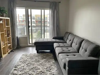 This stylish grey sectional sofa features a comfortable chaise lounge, perfect for relaxing in any l...