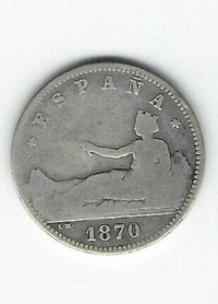 Spanish 1870 SN-M, Una (One) Peseta Coin