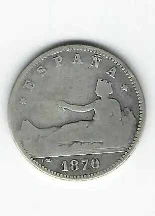 Spanish 1870 SN-M, Una (One) Peseta Coin, View more