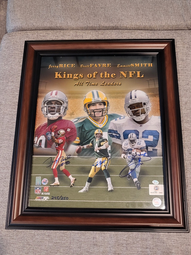 Favre, Jerry Rice and Emmitt Smith signed Picture w/COA  in Arts & Collectibles in Edmonton