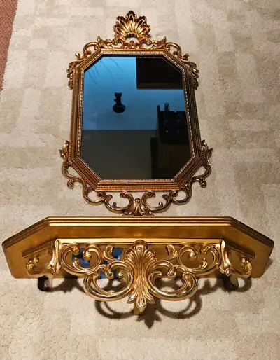 RARE ANTIQUE "SYROCO" USA ORNATE WALL MIRROR AND SHELF, View more