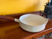Vintage MCM Enameled Cream Color Frying Pan with Teak Handle