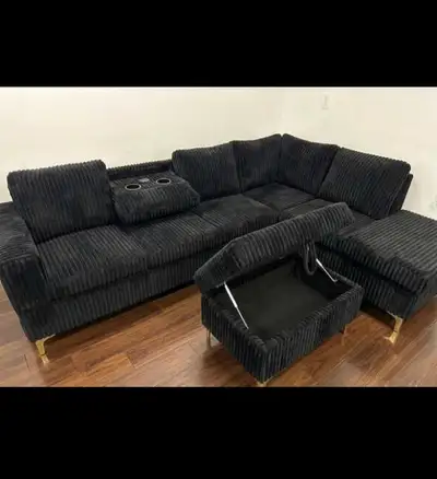 Black Corduroy Sectional Sofa with Storage Ottoman, View more