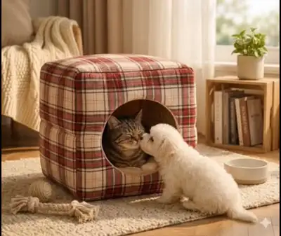 Cozy Plaid Pet Cave – Soft Bed for Cats & Small Dogs , View more