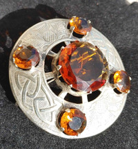 Vintage Scottish Kilt Pin with 5 Orange Crystals And Thistle